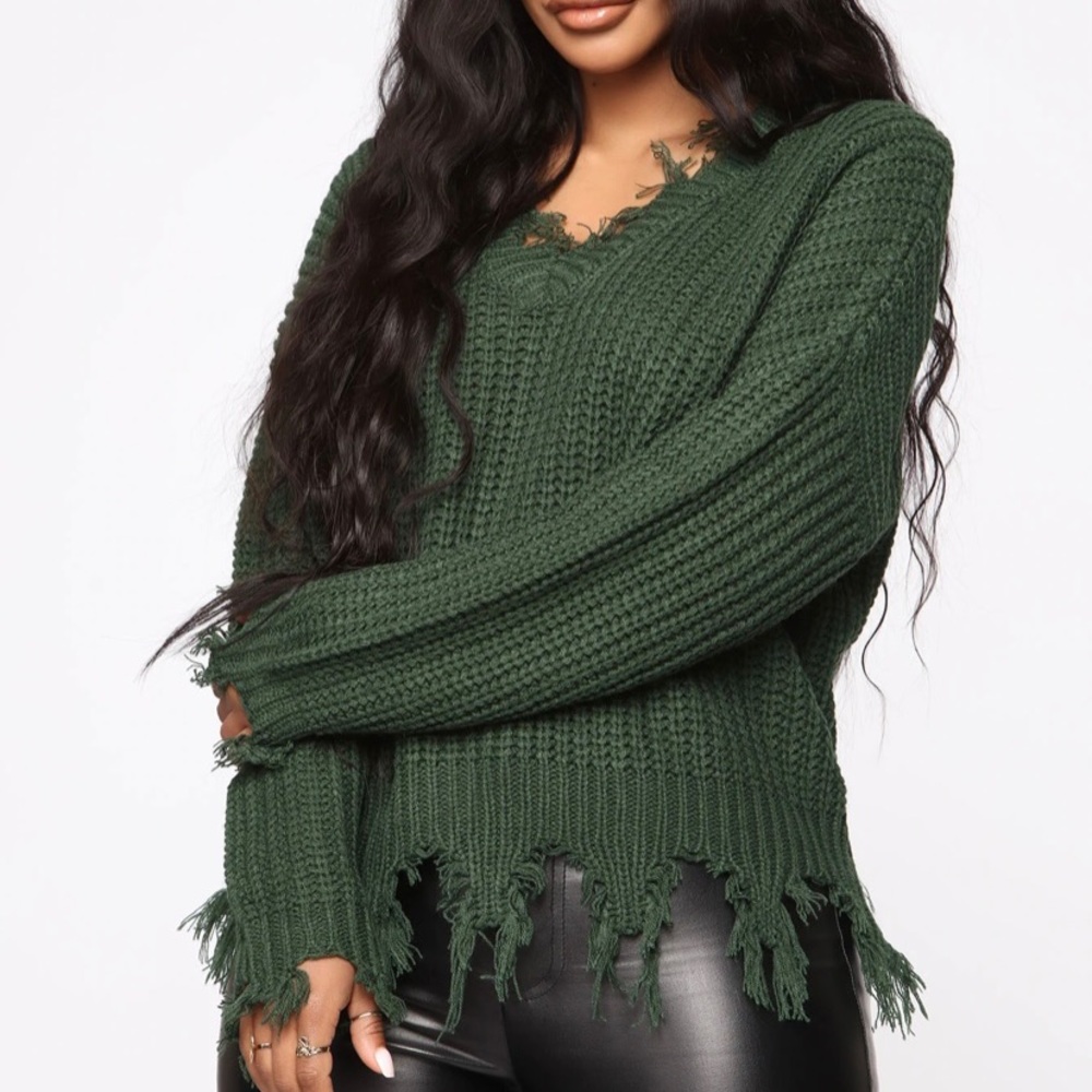 Forest green distressed sweater